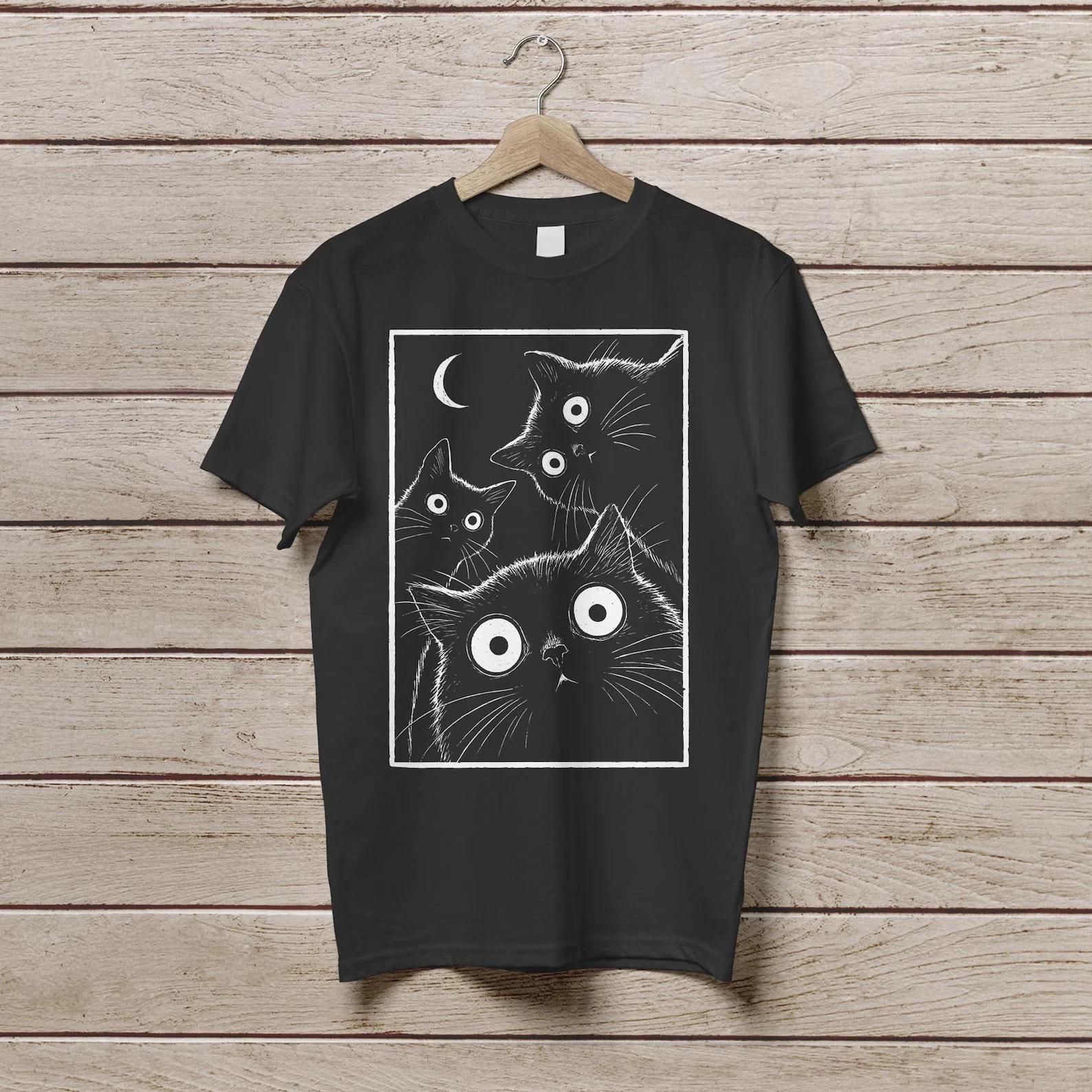 Retro black cat moon shirt, funny cat T-shirt, retro kitten shirt, cat-loving S