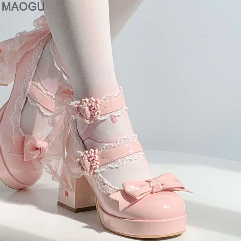 Schöne Mädchen Rosa Lolita Schmetterlingsknoten High Heels Plateau-Schuhe für Damen Süßes Sakura Kleid Mary Janes Beige Größe 34-42