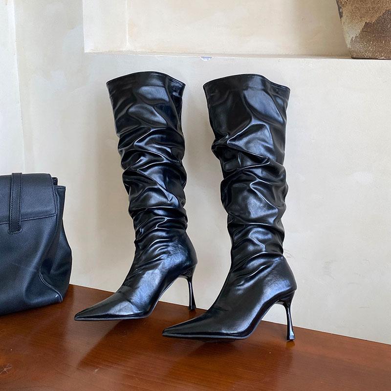 Mode Mode Plissierte Damen Kniehohe Stiefel mit Dünnen Absätzen Schuhe Spitzschuh Damen Moderne Stiefel Slipper Damenschuhe