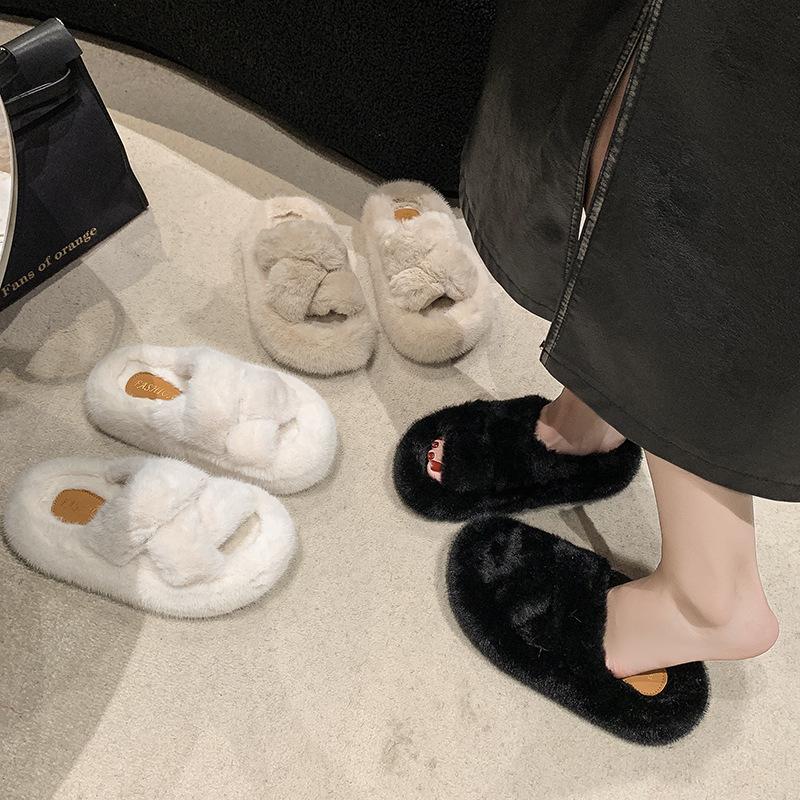 Internet celebrity open-toed fluffy slippers women's autumn and winter new thick-soled non-slip one-word cross-strap cotton slippers