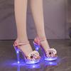Fashion Glowing Flower Sandals for Women 2025 New Summer Sexy 13cm High Heels Thin Waterproof Platform Shoes Elegant Versatile Design