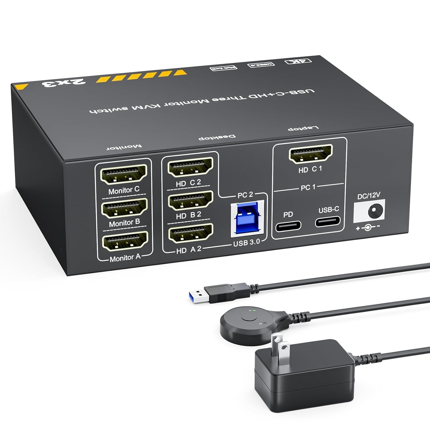 3-мониторный KVM-переключатель с 2 входами и 3 выходами (1 ноутбук, 1 настольный компьютер), KVM-переключатель с поддержкой 4K@60Hz, USB-C HDMI для трех мониторов, 4 порта USB 3.0, Type-C 100W PD Charg
