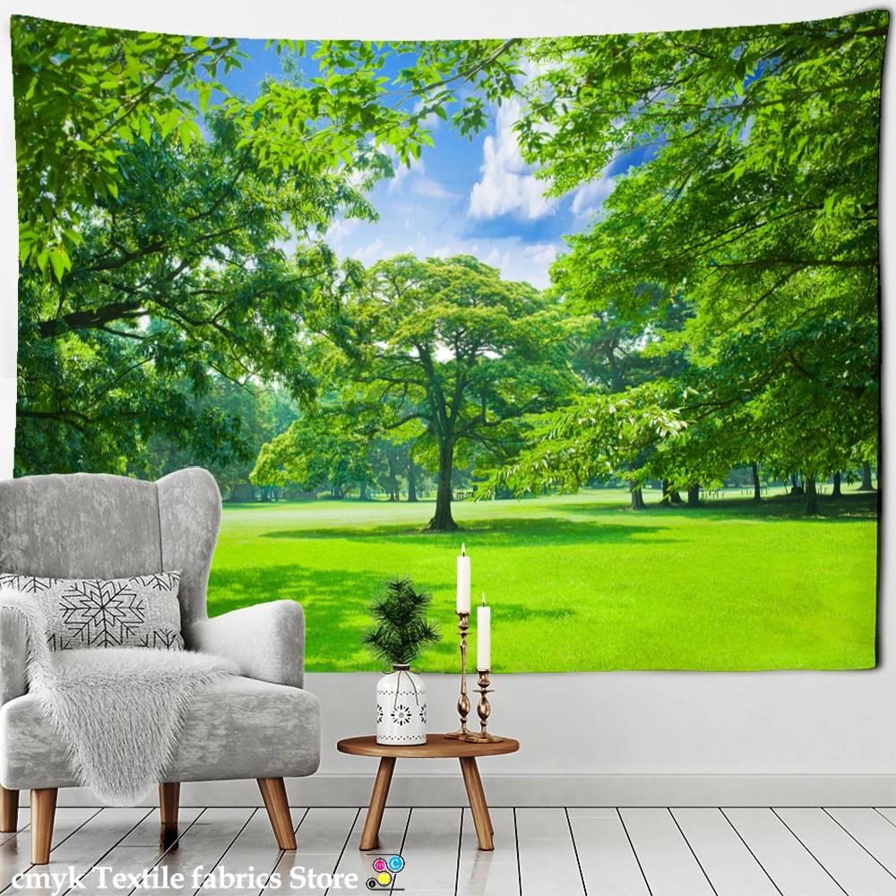 Blue Sky And Forest Tapestry Wall Hanging Nature Scenery Boho Style Tropical Plants Home Art Background Cloth Decor