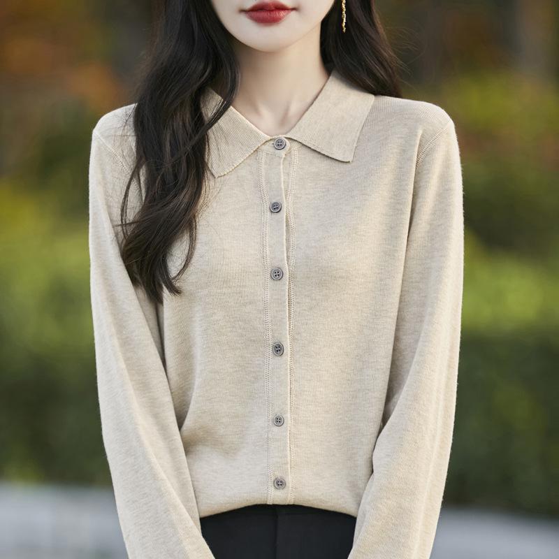 Fine Merino Wool Polo Collar Knit Cardigan - 2025 Spring Collection, Solid Color, Loose Fit, Versatile Outerwear.