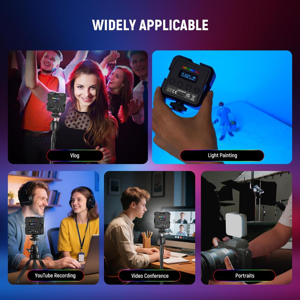 NEEWER RGB61 Magnetic Video Light, 360° Full-Color LED Camera Light, 800 Lux/0.5m, CRI97+ High Color Rendering, 2500K-8500K Dimmable, 20 Scene Modes,