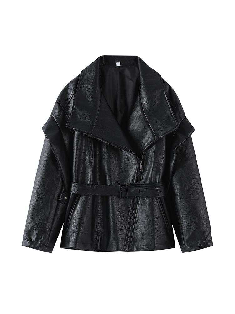 

Женская куртка из искусственной кожи Женская кожаная куртка Женская ветрозащитная и теплая куртка Модный стиль Осень и Зима L чёрный