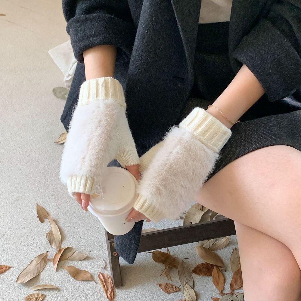 Soft Half-Finger Gloves Windproof Plush Gloves Fashionable Knitted Gloves  Winter