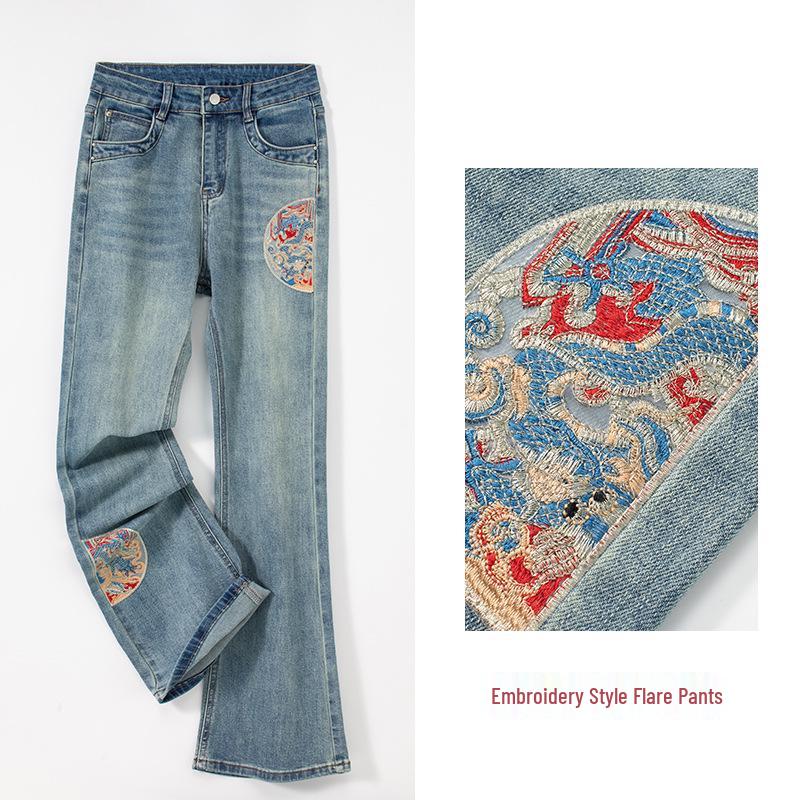 New Chinese Embroidery Micro-Flare Jeans - Women s Retro National Style Spring Slimming Pants L