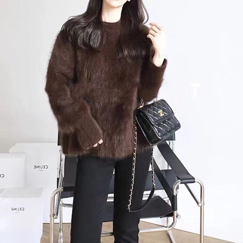 Women's Blue Velvet Round Neck Sweater - Soft, Cozy, Autumn/Winter Knitwear, Lazy Style European Fashion