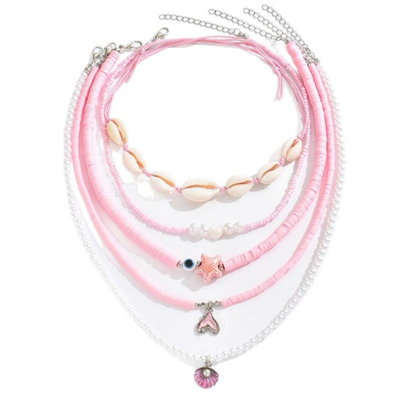 Pink shell necklace, seaside vacation style fashion beaded starfish pearl multi-layer stacked necklace women