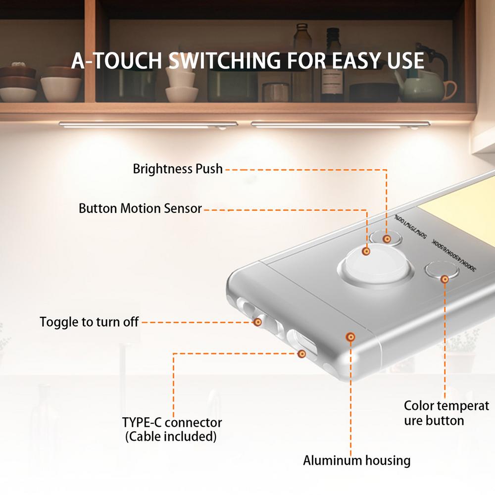 Under Cabinet Lighting Motion Sensor Lamp Wireless 2200mAh USB Rechargeable Closet Lights Adhesive 3 Levels Dimmable
