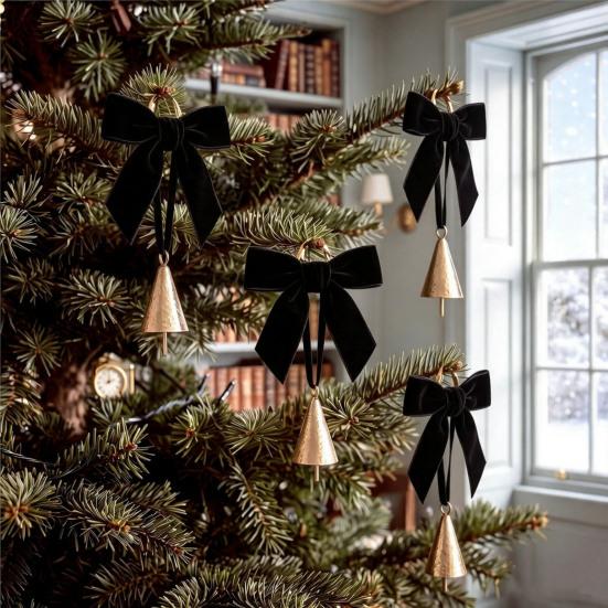 Holiday Party Hanging Ornaments 6 Pcs Velvet Bow with Bell Ornaments, Vintage Rustic Christmas Seasonal Decorative Decoration, Retro Jingle