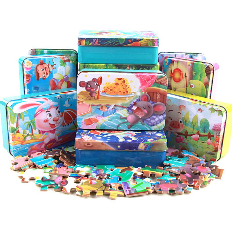 60 Stück/Karton Niedliches Cartoon-Puzzle mit Blechdose für Kinder Stichsäge Holz-Tier-Puzzle Frühe Lernspielzeuge für Kinder Geschenk