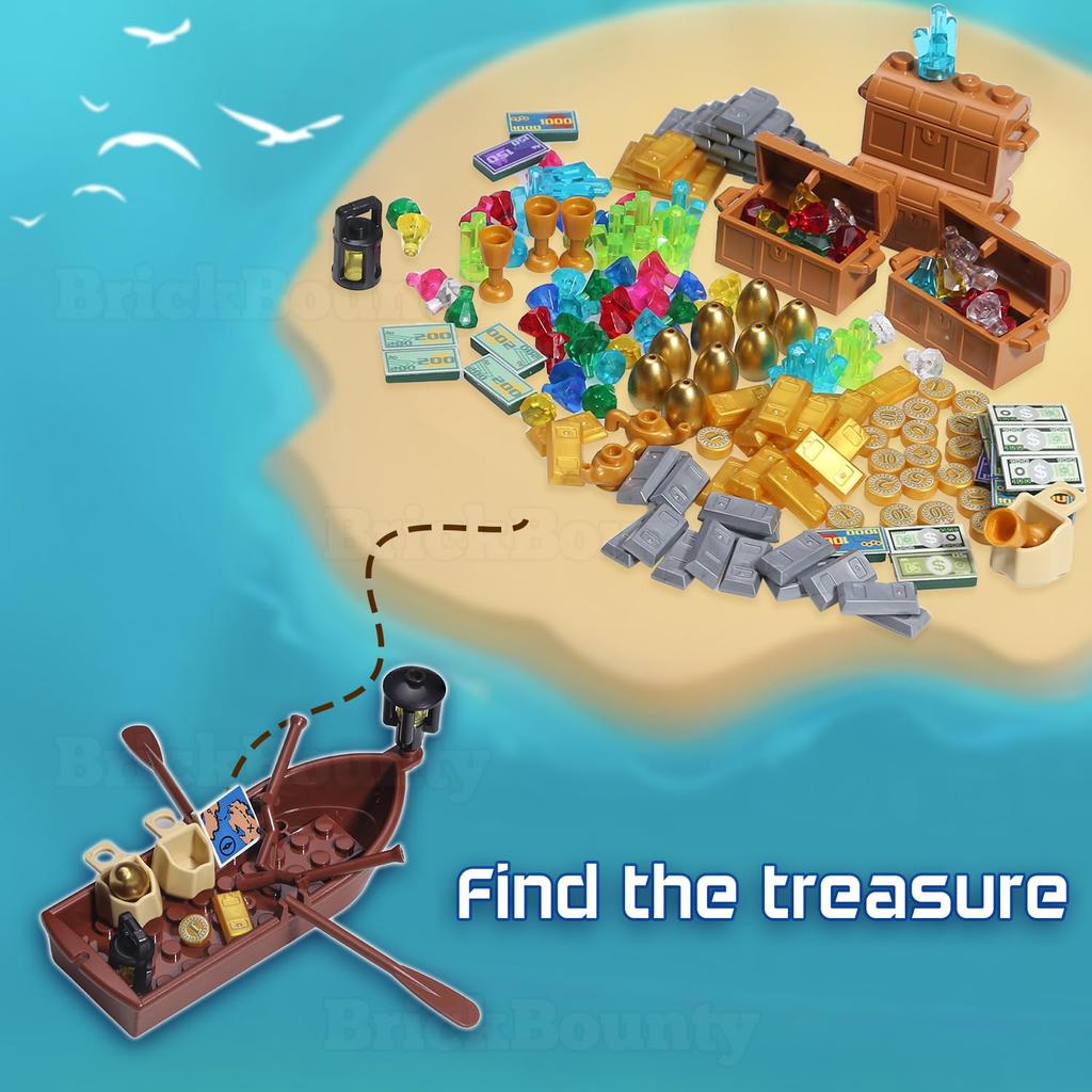 BrickBounty 220 Pirate Treasure Building Wooden Expedition Treasure Gold Bullion Paper and Coins Blocks, Boat, Map, Chest, Money, Diamonds, Crystals,