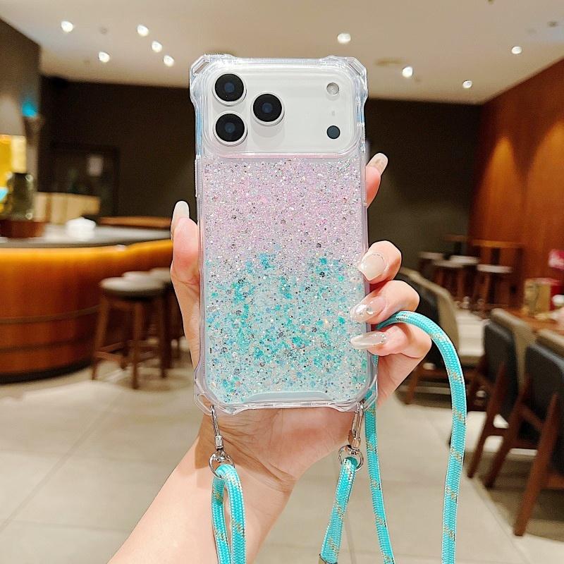Four Corners Strap Glitter Case For iPhone 17 Pro Max 16 15 11 12 13 14 Plus Air Shockproof Crossbody Lanyard Rope Cord Cover