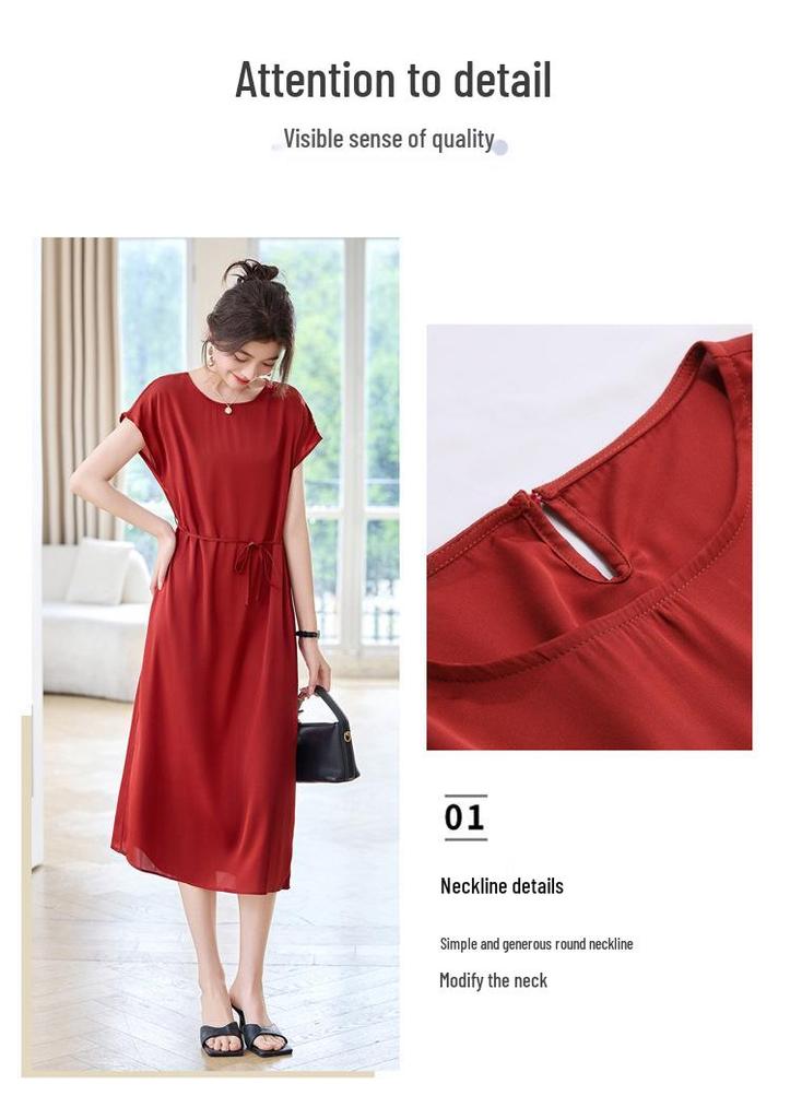 2026 New Elegant Mulberry Silk Mid-Length Dress - Round Neck & Casual Fit