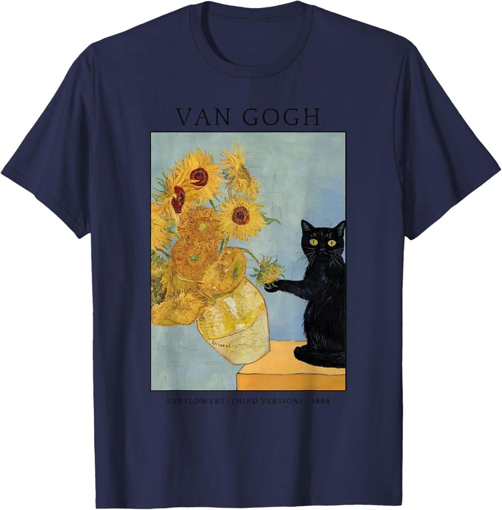 Černá kočka Van Gogh Slunečnice Umělecká parodie Grafické tričko Měkká bavlna Ležérní tričko s kulatým výstřihem