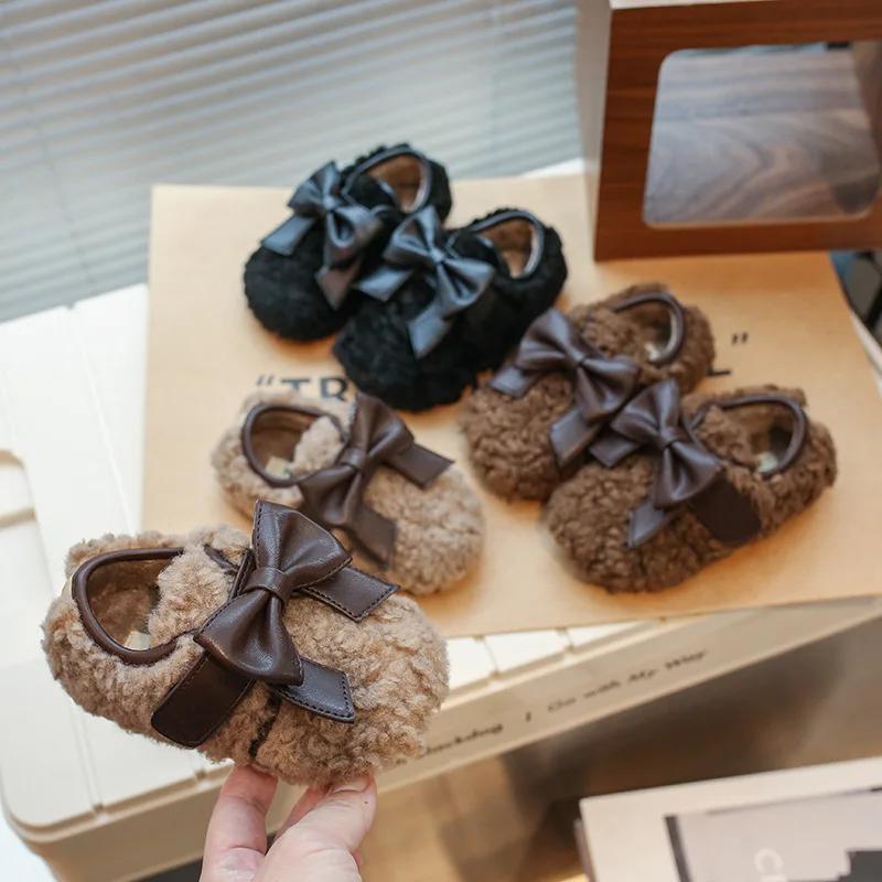 2024 Children Plush Leather Shoes for Girls Winter New Fashion Korean Style Soft Bottom Anti-slippery Versatile Chci Warm Shoes