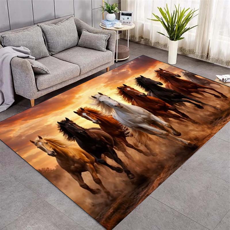 Horses Running In Water Area Rug, Group of Multi-color Horses Oil Painting Print Non Slip Floor Rug Home Decor