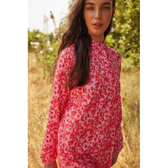 Fusta cu jumătate de guler cu flori portocalii Rochie cu volan lat