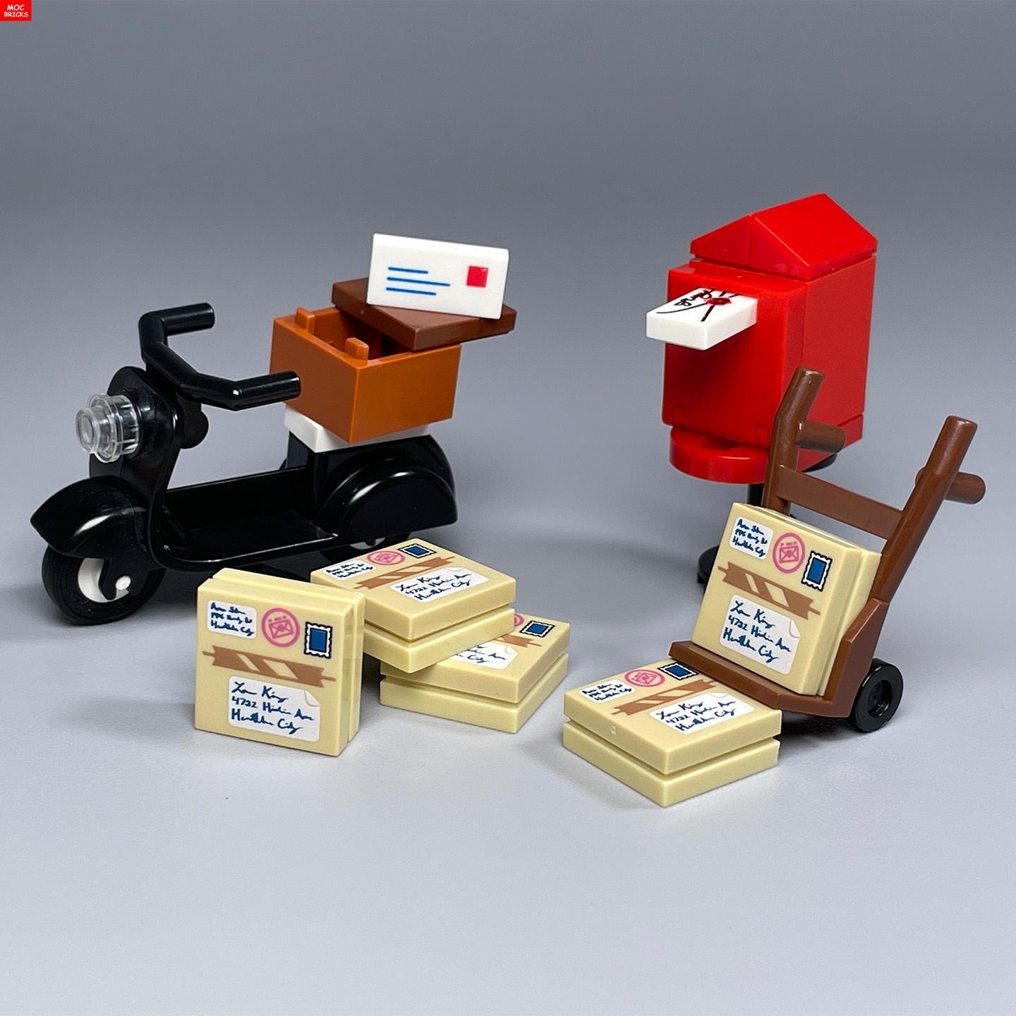 Yiran Toy Moc Bricks City Street View Postbox Building Blocks Mailbox Parcel Carriage Courier Letter Printed Postcard Children Toys Presents