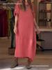 European & American Women's Cotton Linen Summer Dress - Loose, Solid Color, Short Sleeve Casual Style