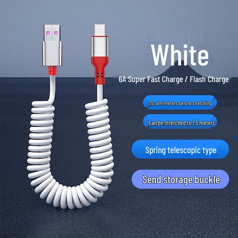 Câble USB Rétractable à Ressort Double Coude 6A Charge Rapide pour Téléphones & Voitures