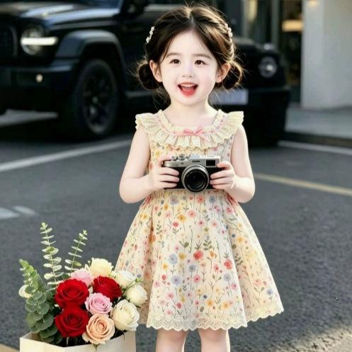 Girls Summer Sweet Sleeveless Floral Cotton Dress for Beach