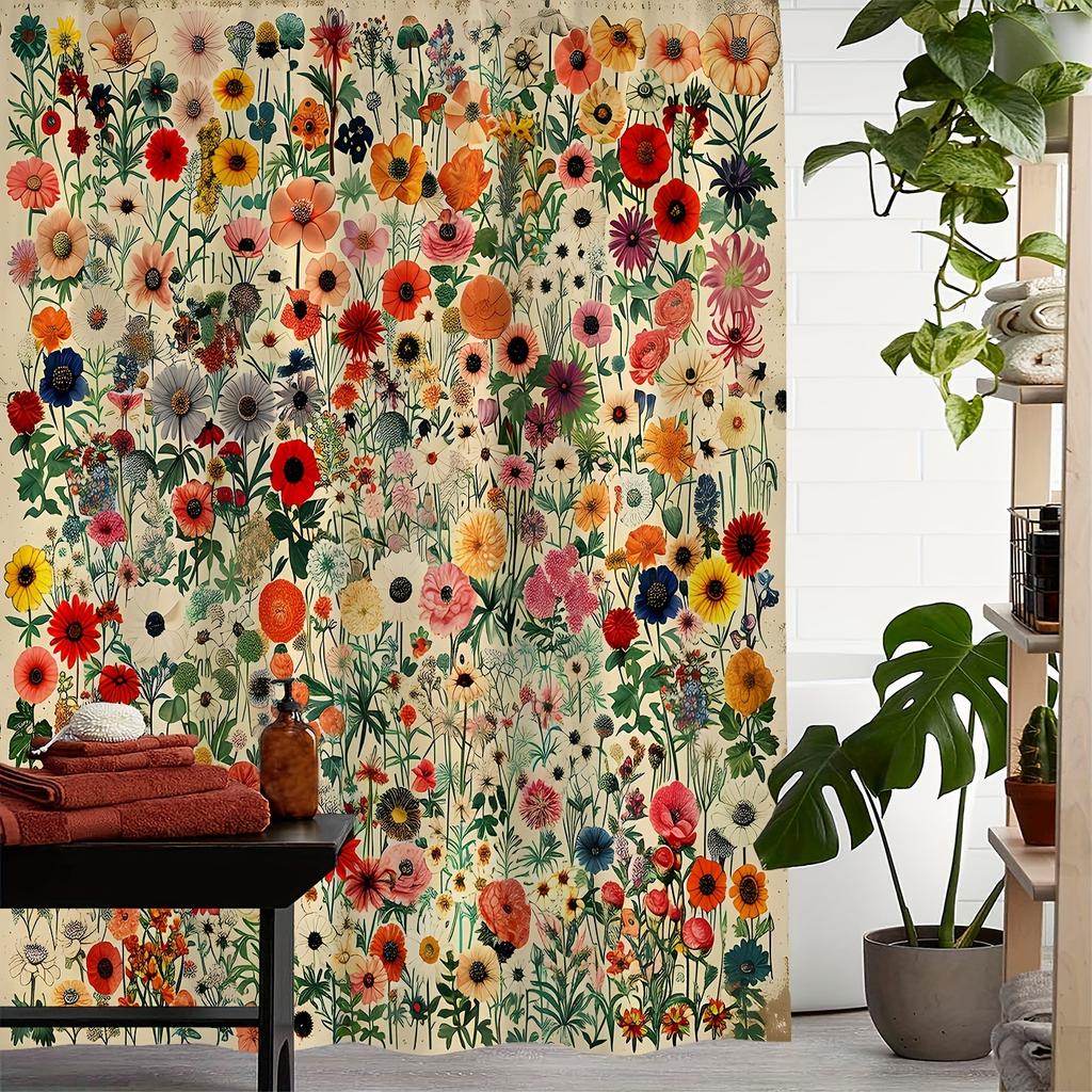 1Pc, Shower Curtain, Vintage Green Plant Floral Print Window Curtain With Curtain For Windows