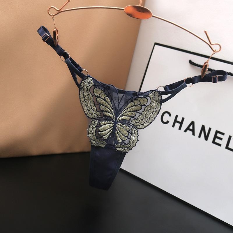 New Sexy Transparent Lace Underwear with Female Charm, Butterfly Embroidery, Low Waist Adjustable, Hot European and American Tho