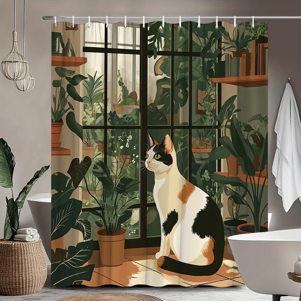 

Waterproof Shower Curtain Featuring A Charming Cat Amidst Lush Green Plants For A Cozy And Nature Inspired Bathroom Decor W60H190(CM)-1 Pcs