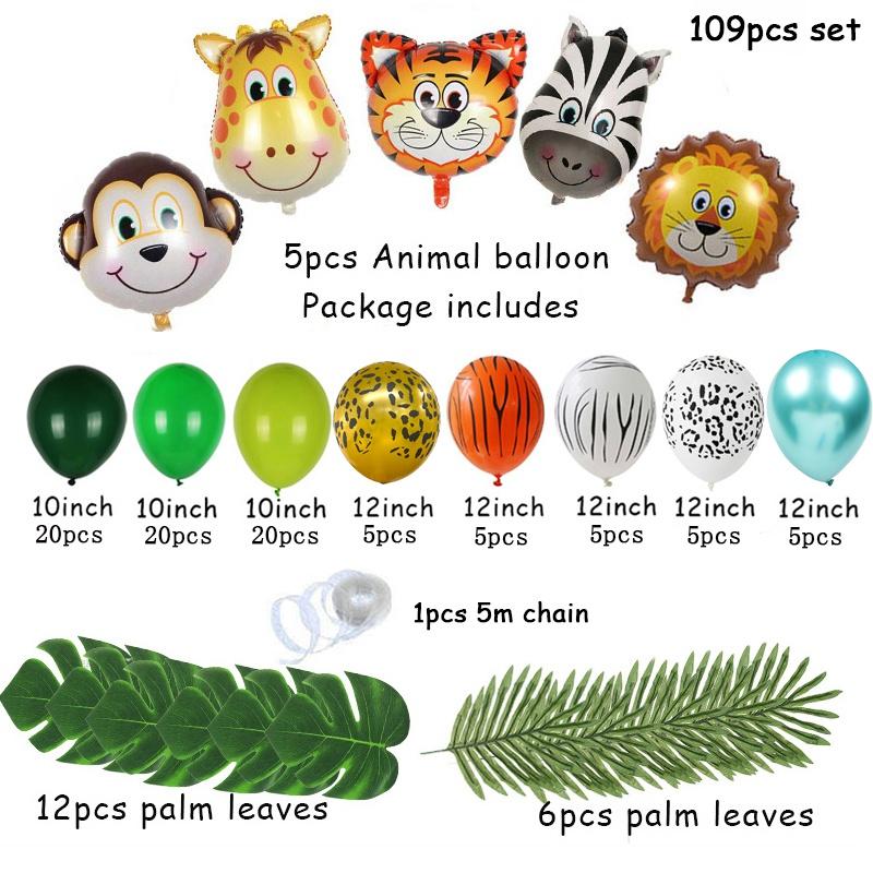 109pcs Palm Leaf Animal Balloons Garland Arch Kit Jungle Safari Party Supplies Favors Kids Birthday Party Baby Shower Boy
