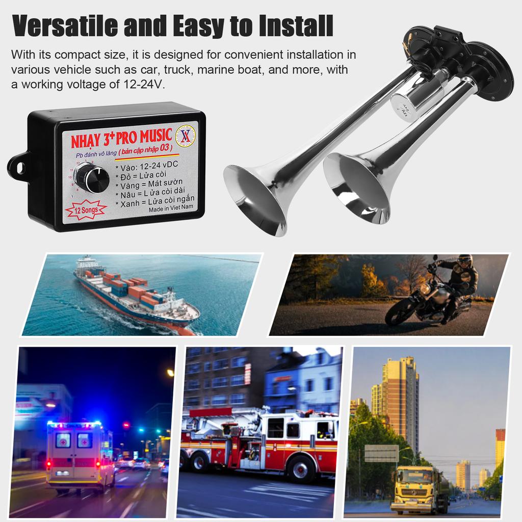 110dB Doppeltrompeten-Lufthorn, lautes elektrisches Horn 12-24V mit 12 Sounds, Hupensteuerung für Auto-LKW