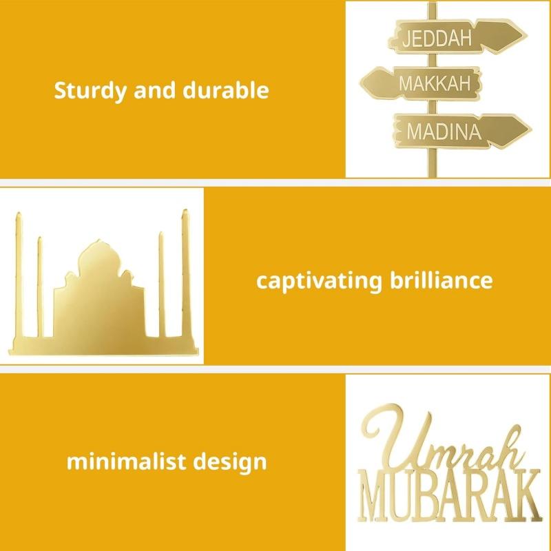 3pcs Umrah Mubarak Cake Topper Cupcake and Cake Decorations for Eid Ramadan