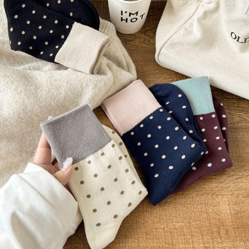 Mid-calf Socks for Women, Spring and Autumn Color-blocking Pile Socks, Retro Polka Dot School Style Cotton Socks for Women