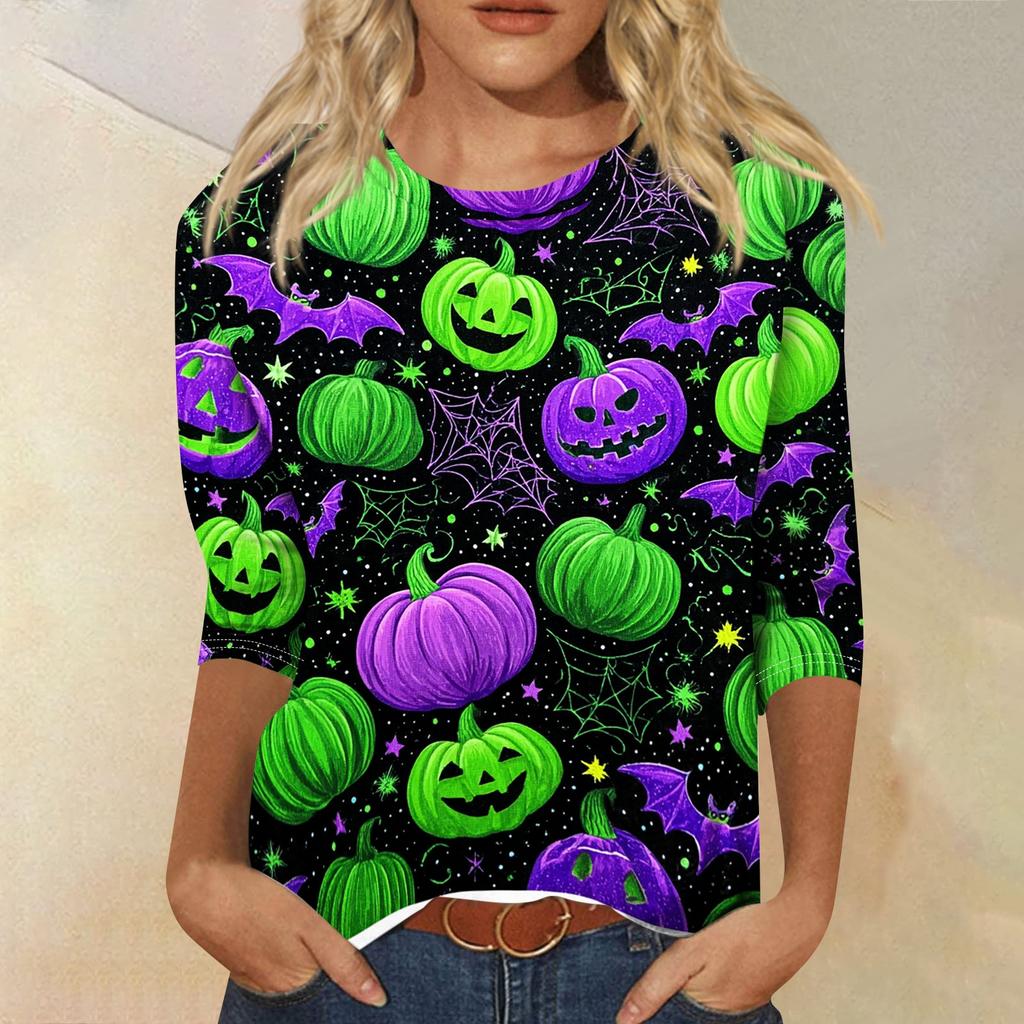 Women's Casual Halloween Print Round Neck Top Three Quarter Sleeve Lightweight Comfortable Street Style Shirt