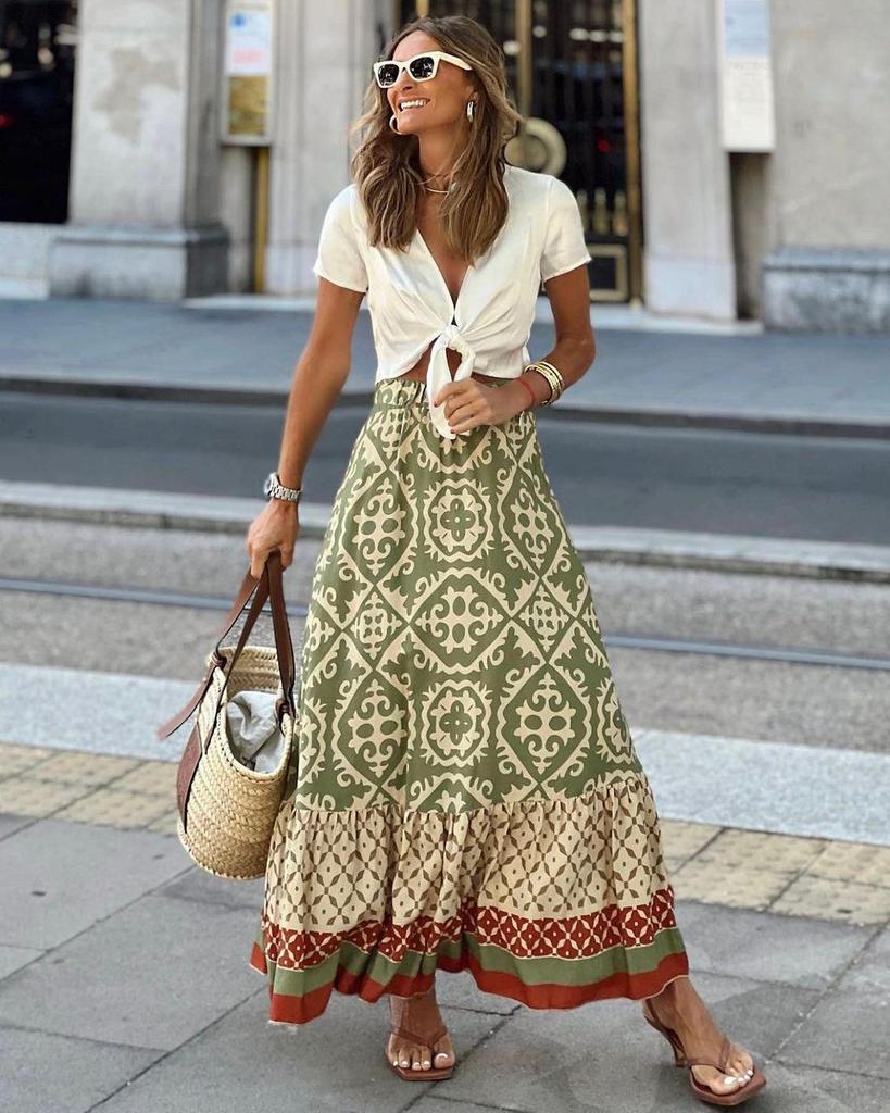 2024 Summer Women's European & American Loose Patchwork Print Maxi Skirt