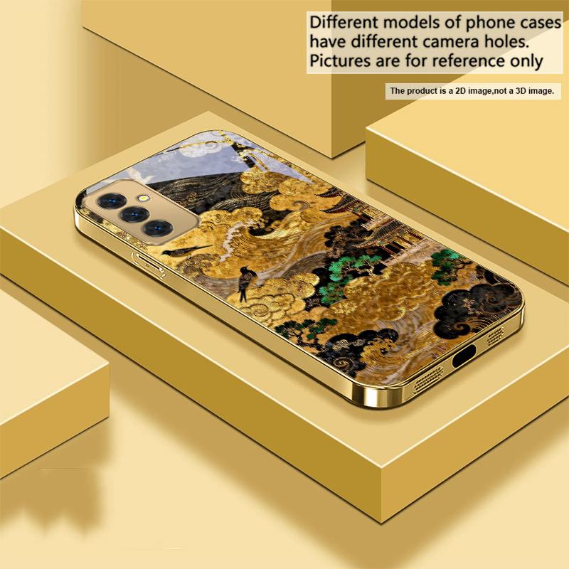 Golden Surging Waves For Samsung A 01 52S A04 A05S A10 A12 A13 22 23 24 36 42 M02 Note 10 20Ultra 8 9 Golden Glass Phone Case