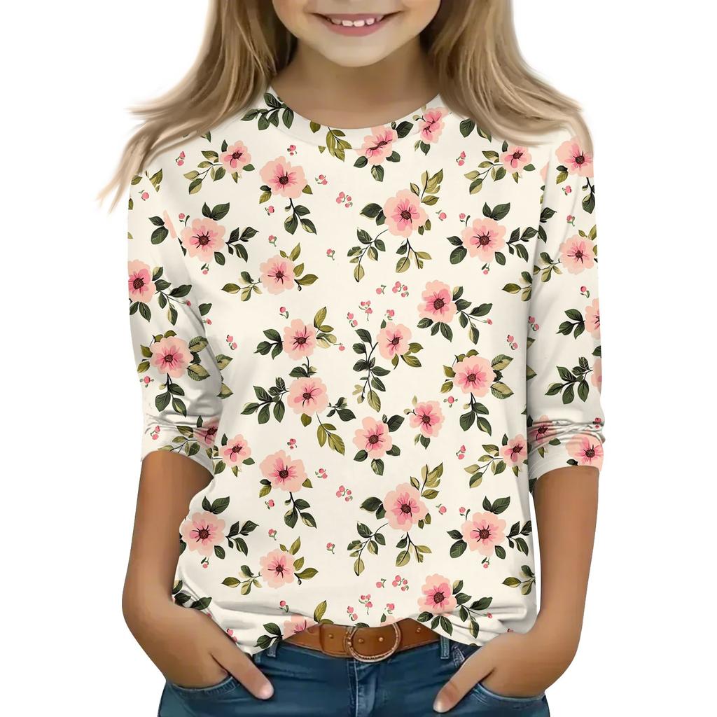 Print Tops For Youth Girls 5-16 Years Round Neck 3/4 Sleeves T-Shirts Trendy Tops Outfit Tees