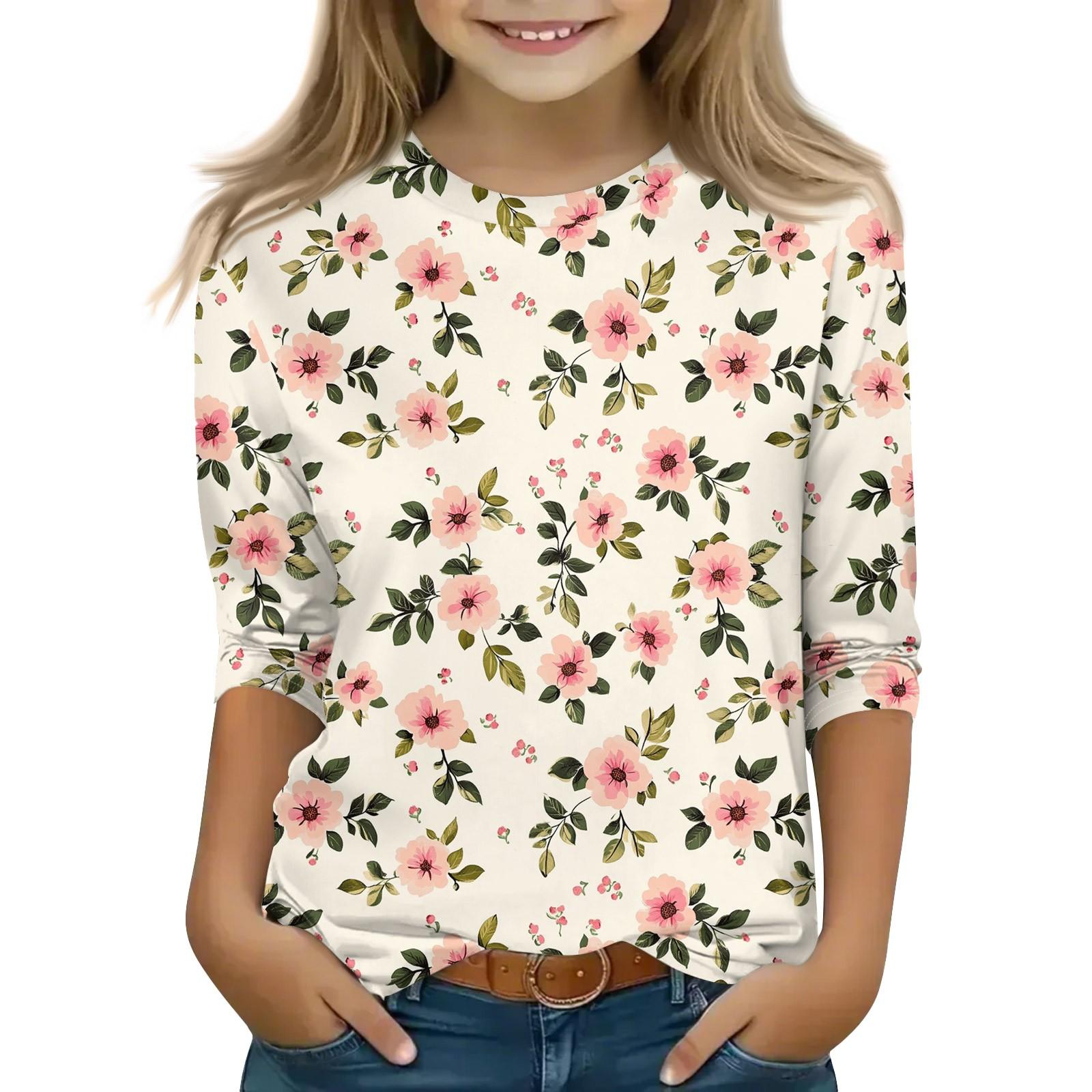 

Топы с принтом для девочек 5-16 лет с круглым вырезом и рукавами 3/4 Футболки Модные топы Наряды Футболки 150 бежевый