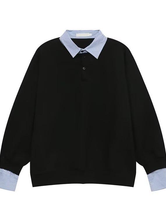 Men's Color-Block Polo Sweatshirt: Fake Two-Piece, Loose Fit, Long Sleeve, Lapel Design, Spring/Autumn Casual Versatile Top.
