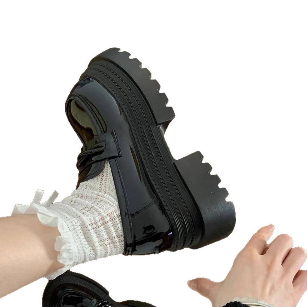 French Black Platform Heightening Loafers Women's 2025 Spring New Versatile One-pedal College Style Small Leather Shoes