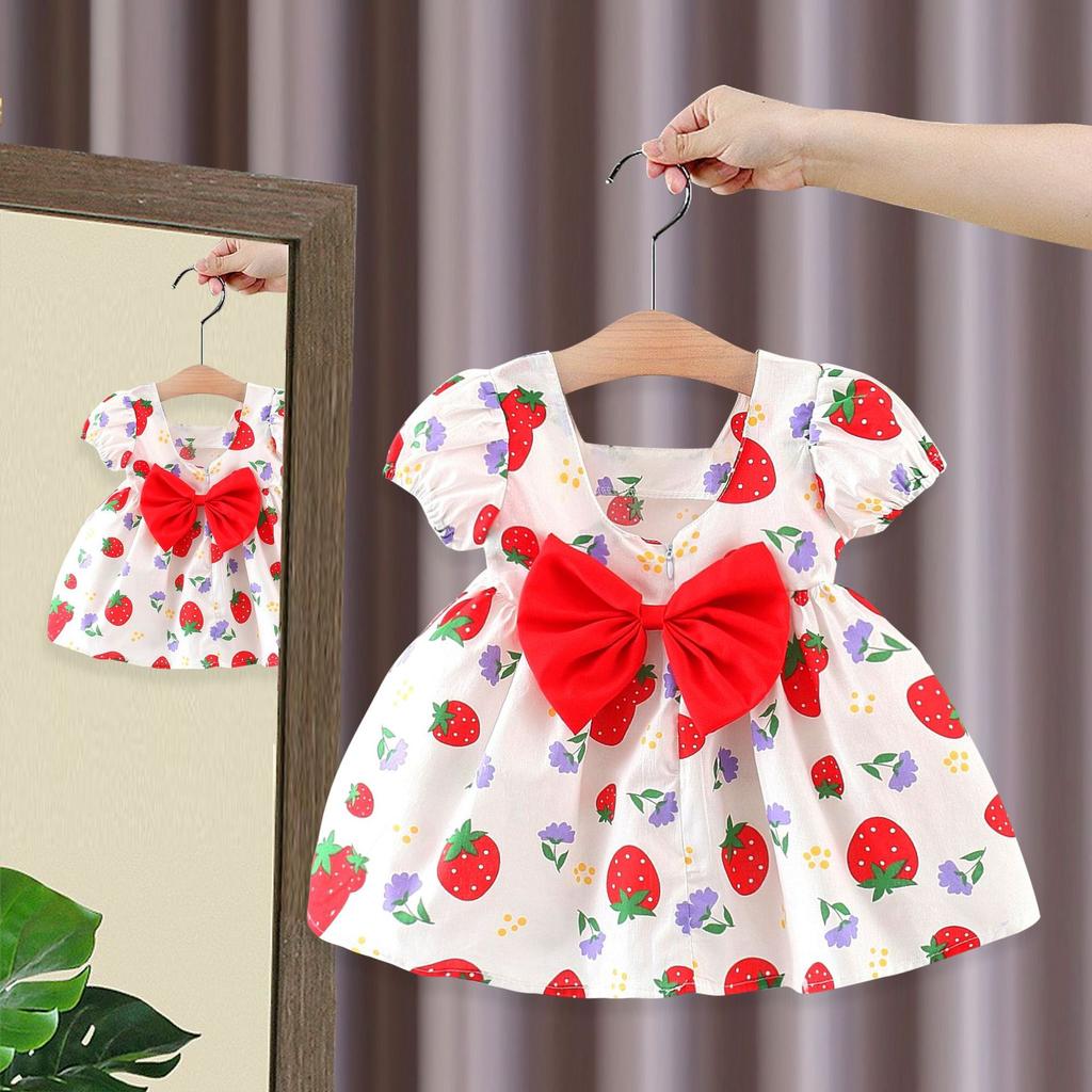Children's Dress Girls' Summer Strawberry Short Sleeved Princess Dress Girls' Baby Strawberry Bow Dress