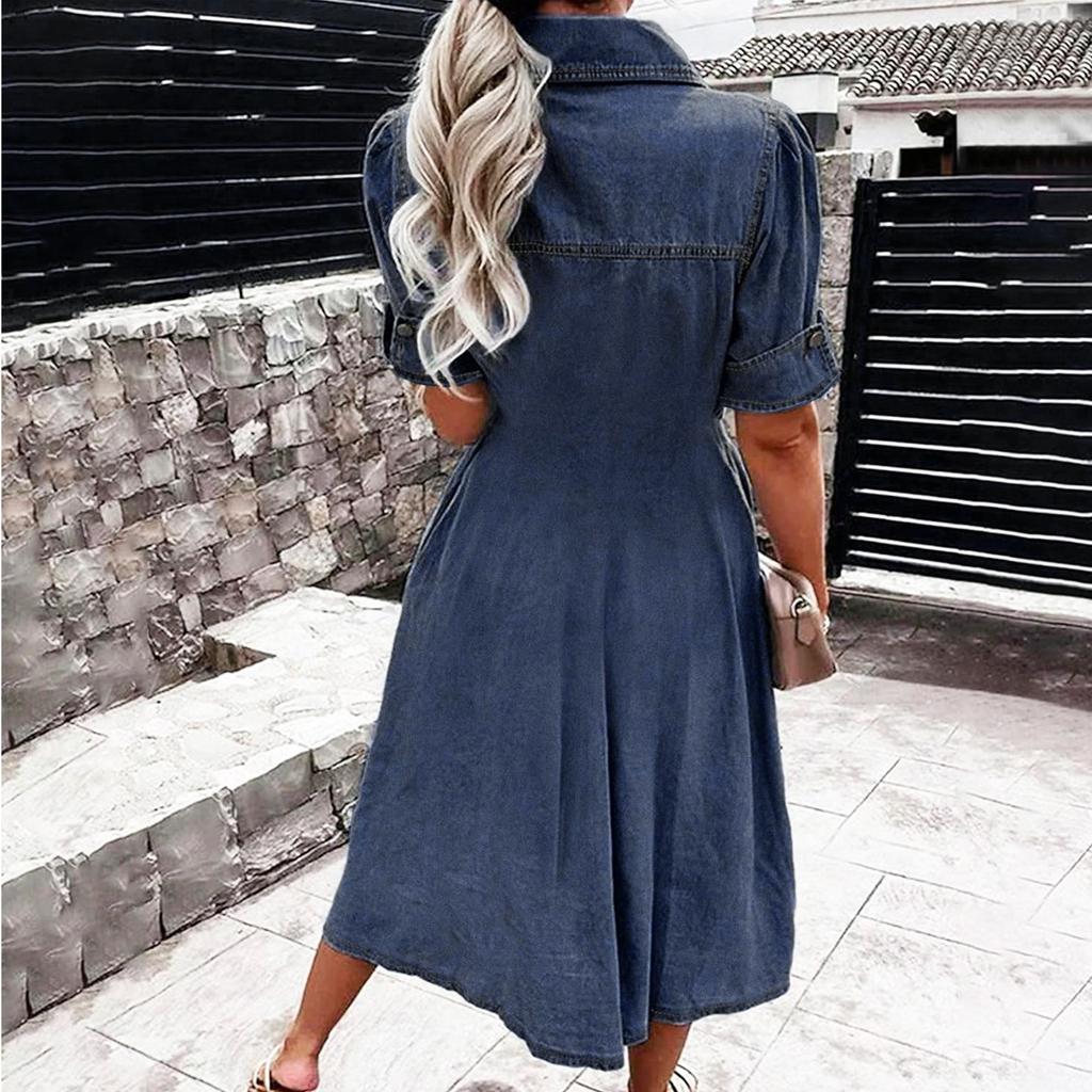 Robe décontractée en jean à manches courtes et boutonnage simple pour femme