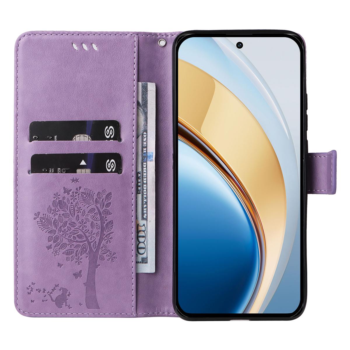 

For vivo V40 Lite (Indonesia) 5G/V40 Lite (Indonesia) 4G Phone Case with Stand Cat Tree Pattern Leather Wallet Mobile Cover Light Purple