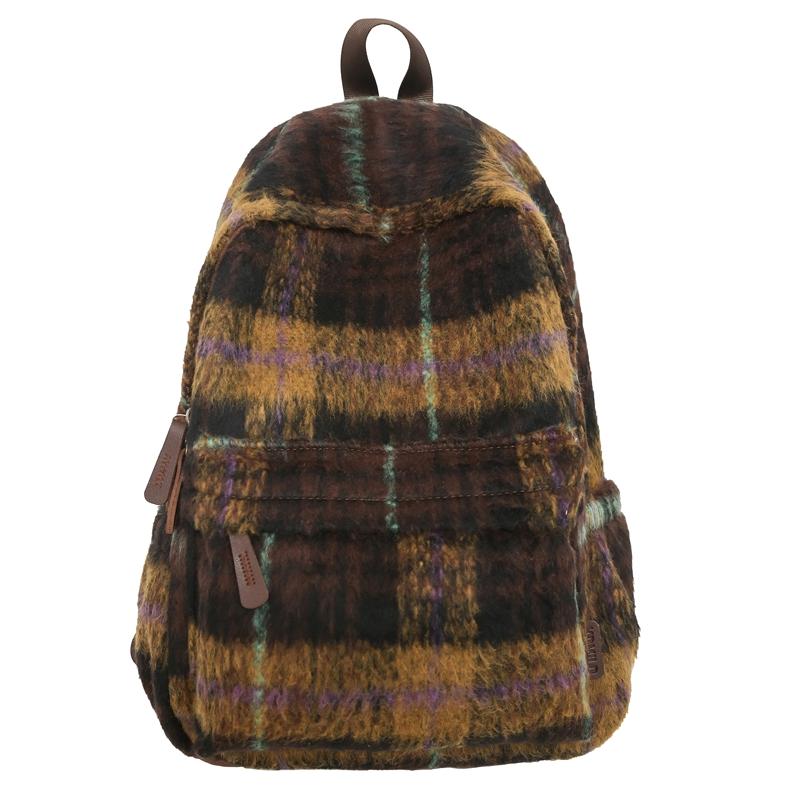 

Шерстяной клетчатый школьный рюкзак для студента, большой вместимости, женский рюкзак S коричневый