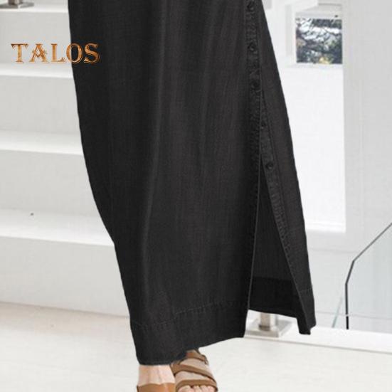 Dame Denim Maxi Kjole Casual Opprullede Ermer Splittkjole med Lommer Pluss Størrelse Knappelukking Revers V-hals Lang Kjole