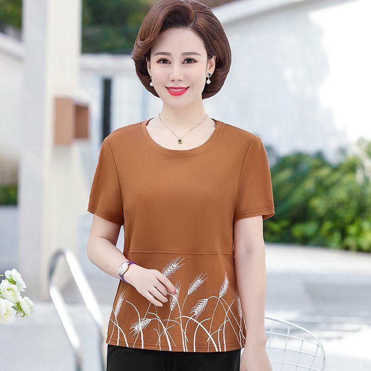 Middle-aged and Elderly Mothers' Summer Short Sleeve T-shirt Cool Large Size Casual Loose Ice Silk Women's Top
