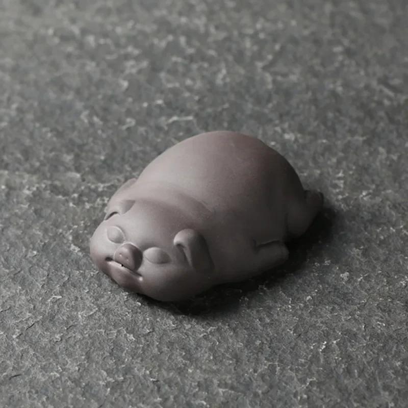 1PCS Lucky Cute Pig Statue Purple Clay Tea Pet Ornaments Desktop Handmade Crafts Chinese Boutique Tea Decoration Accessories