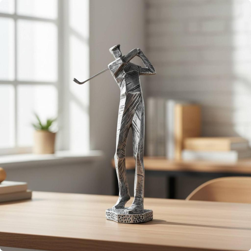 Golfer Statue with Golf Club Silver-Gray Sculpture Stylish for Desk